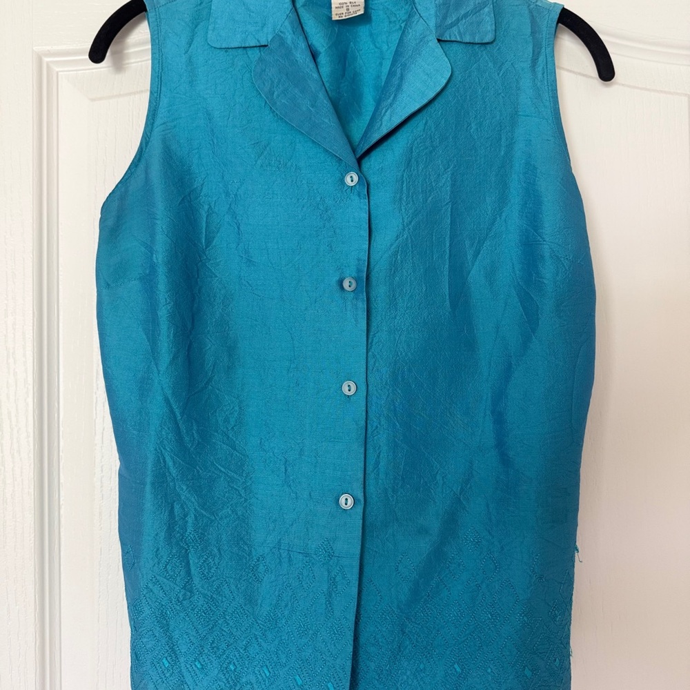 Vintage Collared Button Up Shirt/Vest; 100% Silk w/ Embroidered Detailing